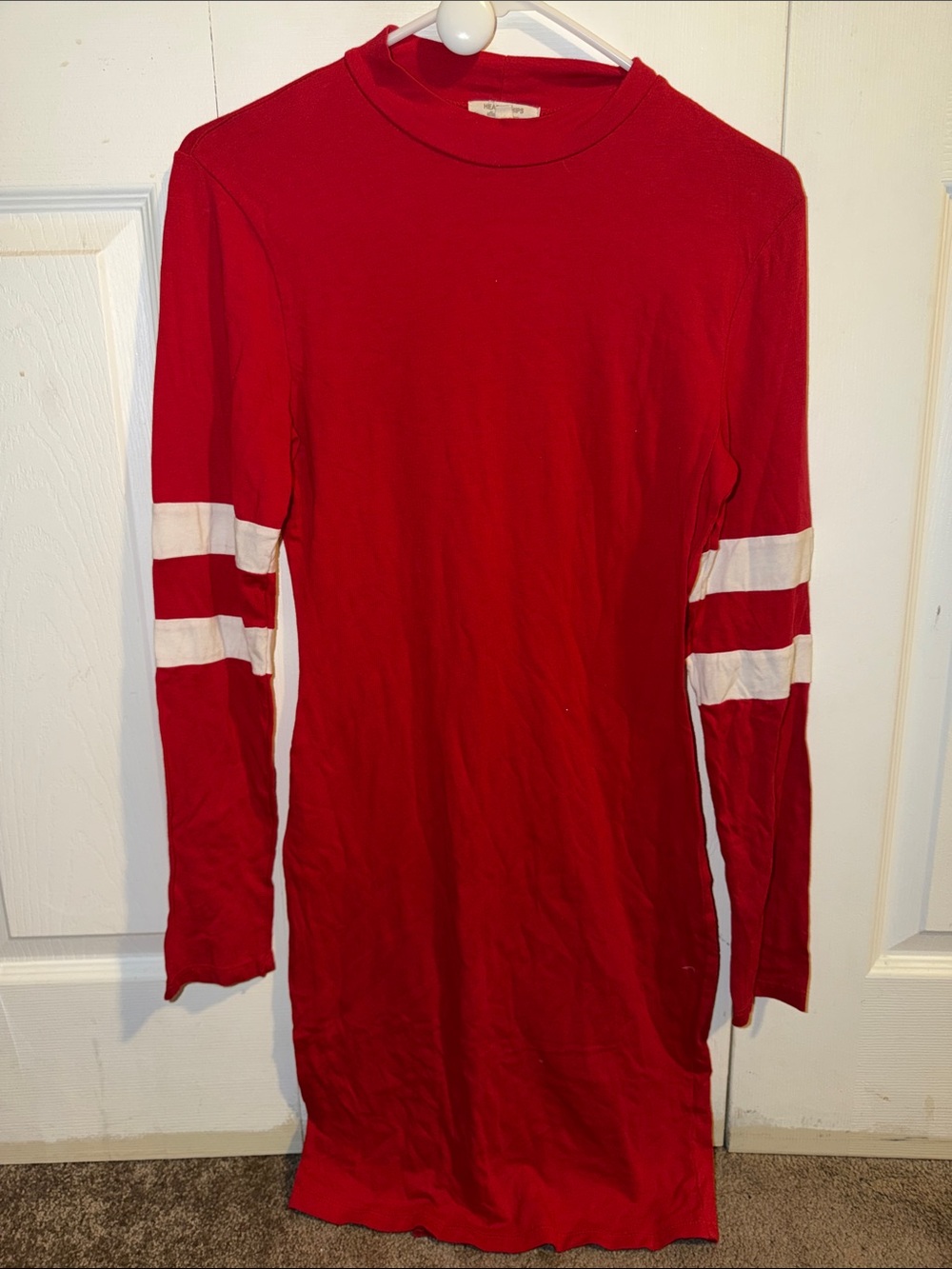 Red Long Sleeve Dress with White Sleeve Stripes